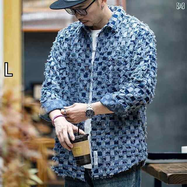 L メンズ 男性用 ファッション オシャレ シンプル 大人 かっこいい ストリート ヒップホップ HipHop タッセル チェック柄 長袖 シャツ 春 ルーズ 大きいサイズ カジュアル シャツ 春秋 ジャケット