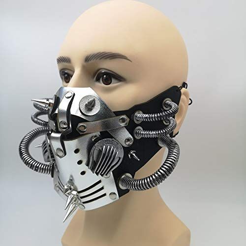 Ubauta スチームパンク レザー マスク コスプレ マスク パンクリベット 仮面舞踏会マスク シルバー [パンクチューブラーマスク-シルバー]