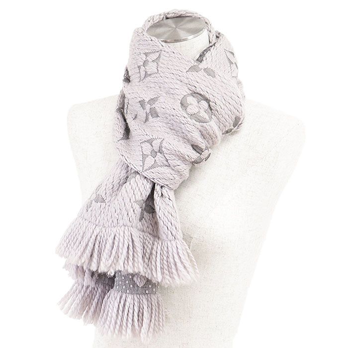 LOUIS VUITTON ルイ ヴィトン マフラー エシャルプ ロゴマニア モノグラム LV 総柄 ウール × シルク ダブルフェイス フリンジ メンズ レディース ユニセックス グリペルル パールグレイ イタリア製 M74742