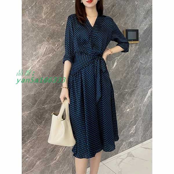 大人カシュクールワンピース ドット柄 ネイビー 長袖 ひざ下丈 フ スカート 細く見える通勤通学20代30代40代50代60代 改まった席に yan5a166333