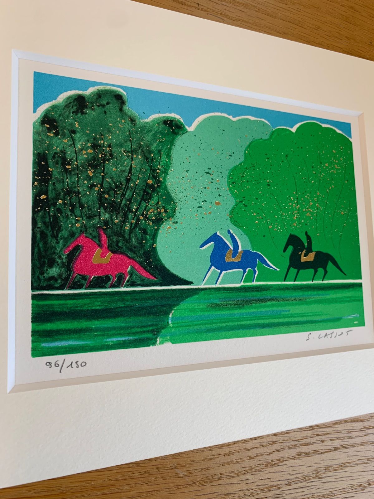 セルジュ・ラシス「三人の騎手」リトグラフ　箔押し　作家直筆サイン　版画　馬　乗馬 セルジュ・ラシス「三人の騎手」リトグラフ 箔押し 作家直筆