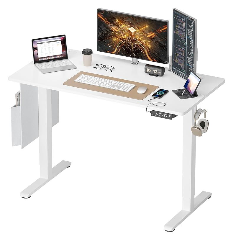 Bestier 電動 昇降式デスク 幅120cm USB充電可能 スタンディングデスク高さメモリー機能 障害物検知 静音 収納フック・収納ボックス付き 上下昇降デスク PC パソコンデスク オフィスワークテー