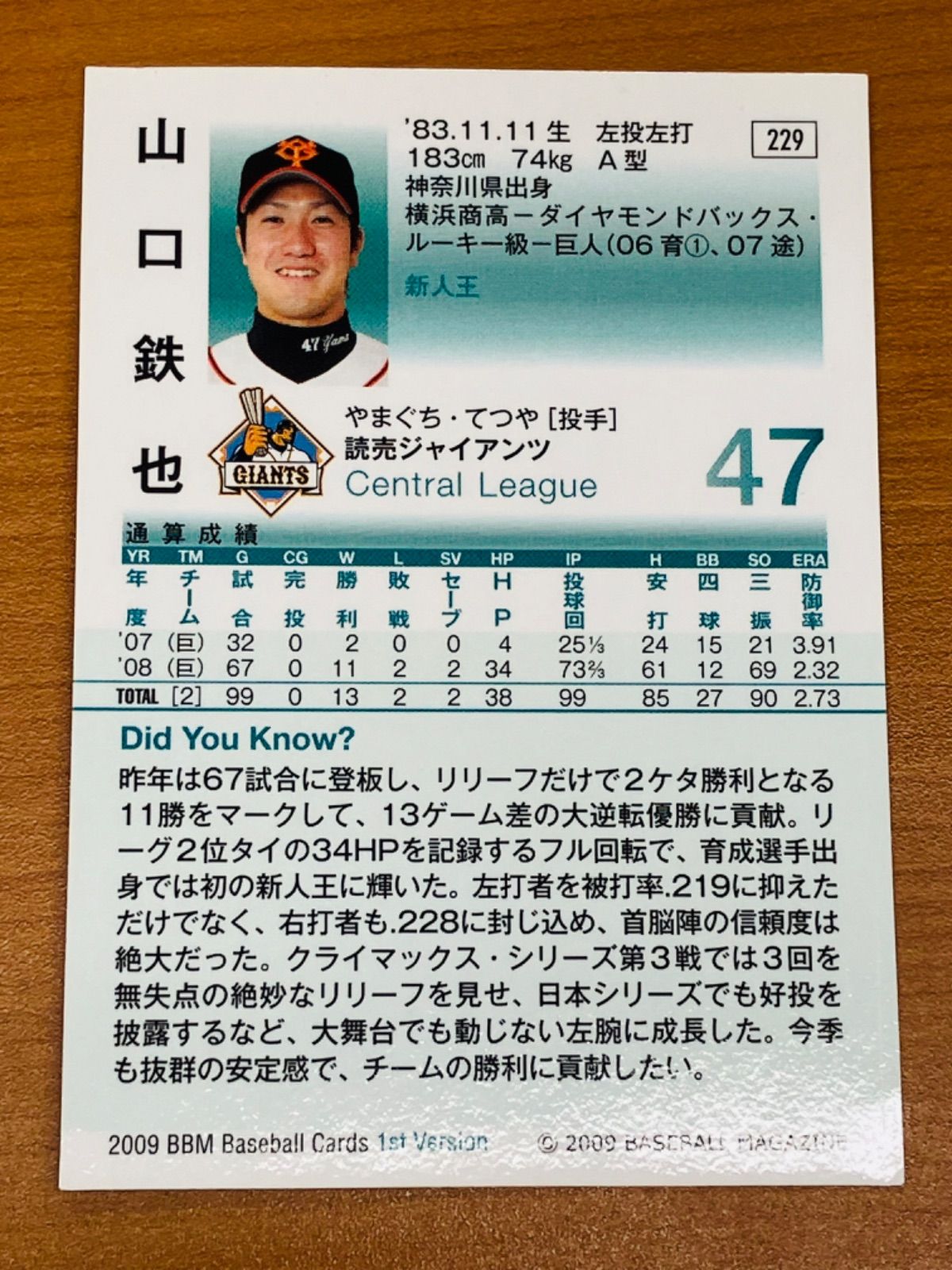 状態A 山口 鉄也 2009 BBM Baseball Cards 1st Version 直筆サイン