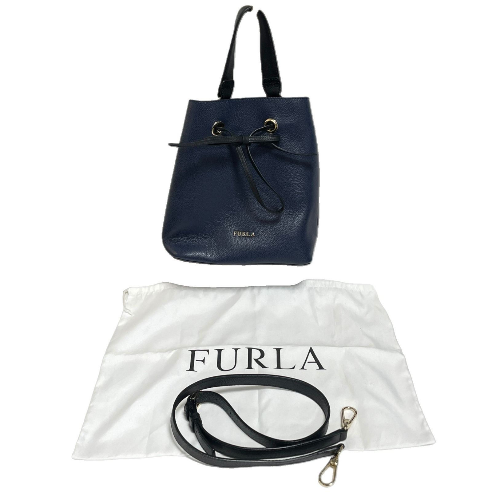 FURLA フルラ レザーハンドバッグ ヴィンテージ ネイビー系 肩掛可 ◇中古品◇FURLA フルラ レザー コンスタンザ 巾着型 2WAY