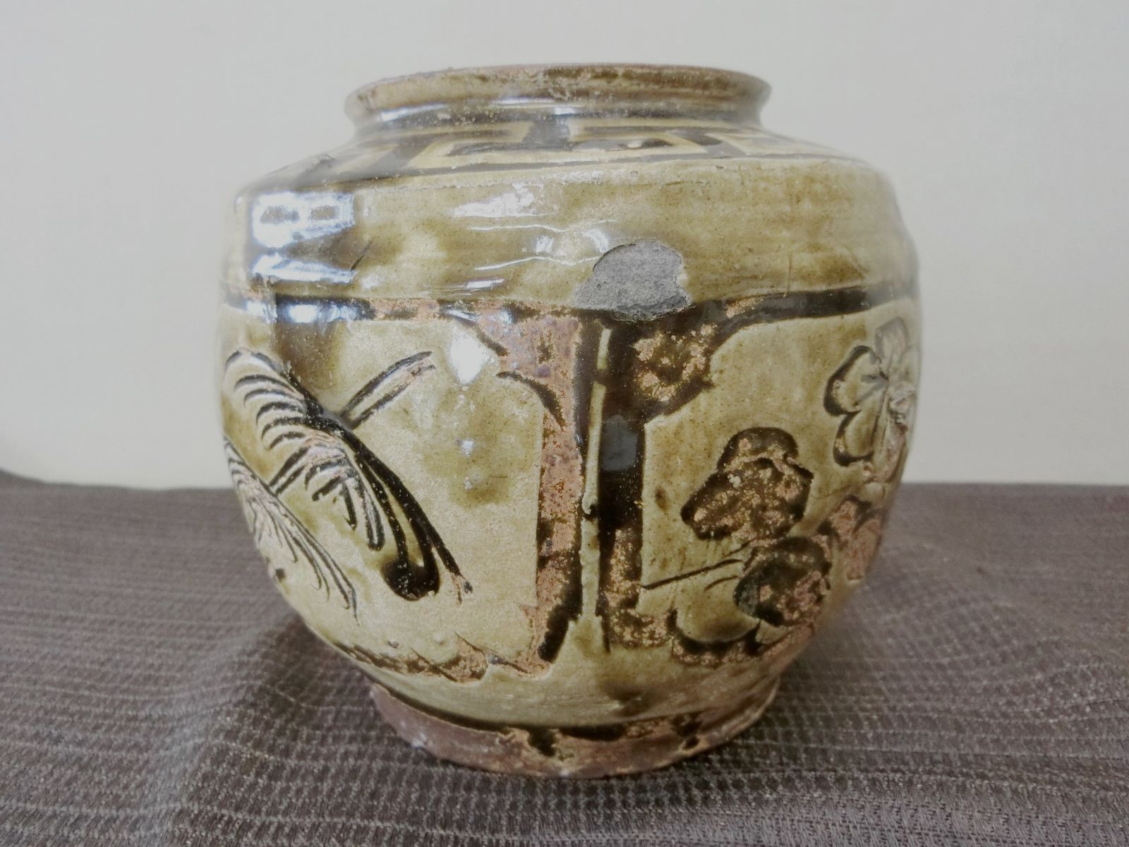 李朝 高麗青磁 壺 緑釉黒文 4面描きこみ・PR・古陶】骨董 鑑賞