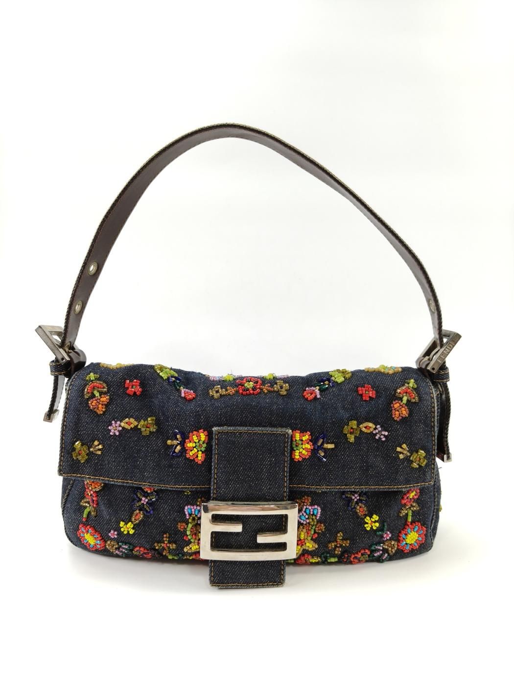 FENDI ビーズ マンマバケット ワンショルダー デニム 花柄 9661 FENDI フェンディ ビーズ刺繍 マンマバケット セミショルダー