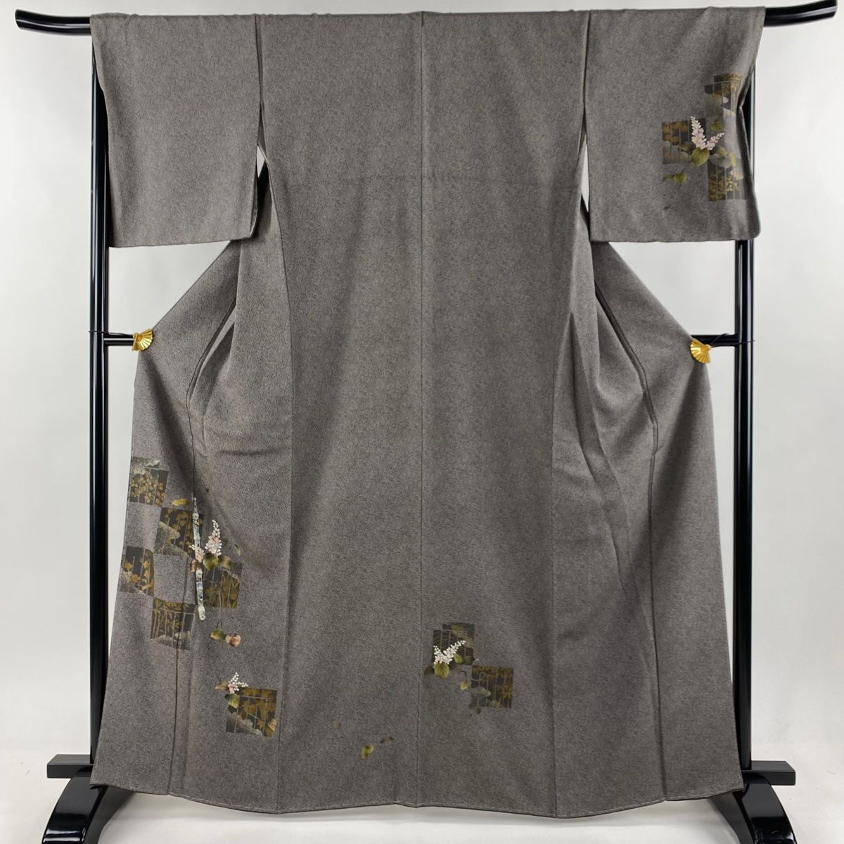 付下げ 身丈162.5cm 裄丈65cm M 袷 紬地 落款あり 家屋 人物 深緑 正絹  