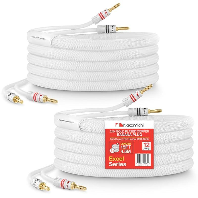 【新着商品】中道道エクセルシリーズ 24k金メッキバナナプラグとスピーカーケーブルワイヤー 99.9%酸素フリーカッパ (OFC) ヘビーデューティーブレイデッド アンプ Hi-Fi ホームシアター用, 壁内 CL2 認定 - ホワイト (12AWG /