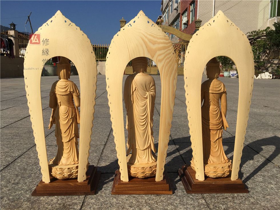 修縁堂】最高級 木彫仏像 娑婆三聖立像 彫刻 一刀彫 天然木檜材 時代美 