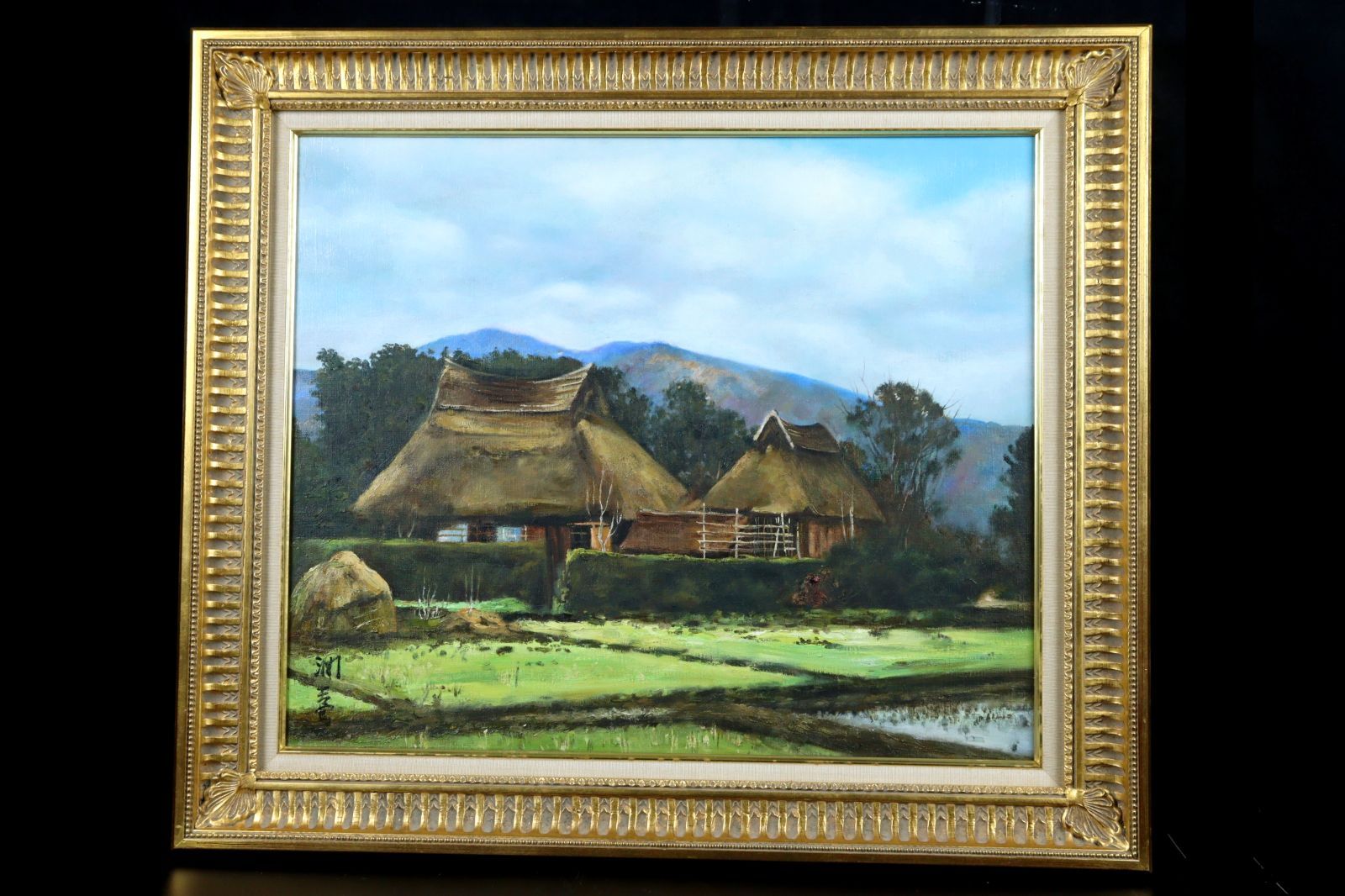 向井潤吉 「薮川平野の家」肉筆油彩20号 タトウ箱 古美術 楾 P39-OQ