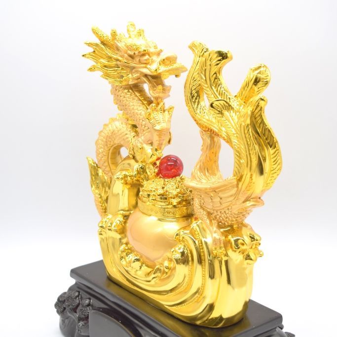 龍 鳳凰 金色 台座付き 聚宝盆 樹脂製置物 34cm - メルカリ