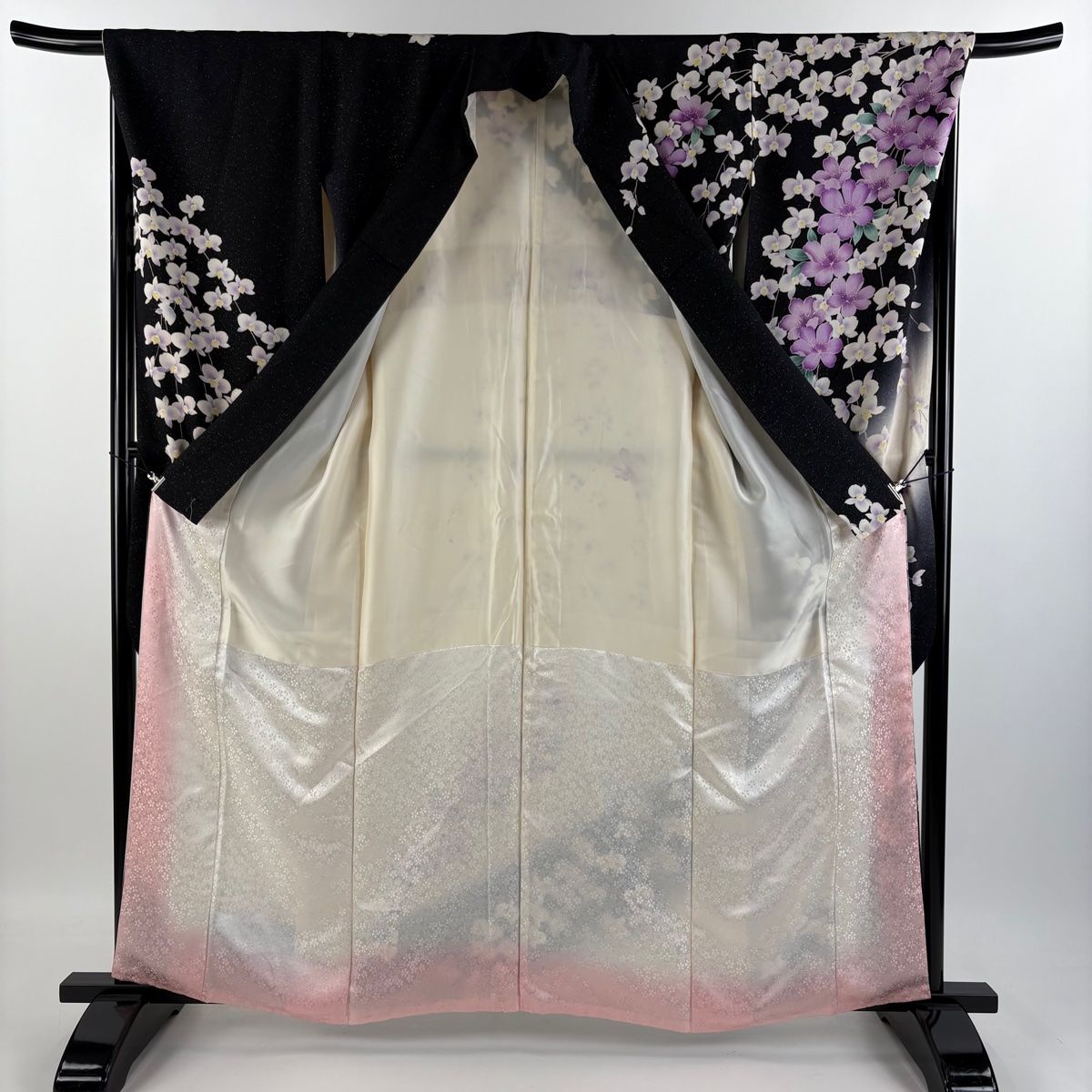 振袖 身丈160.5cm 裄丈69cm L 袷 草花 胡蝶蘭 銀通し 金糸 黒