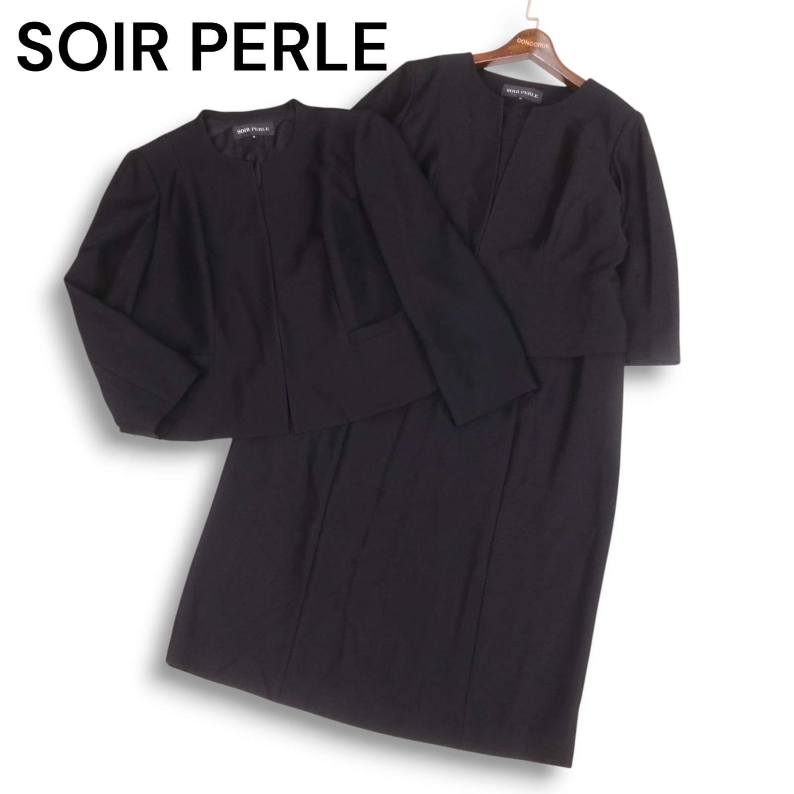SOIR PERLE 東京ソワール 通年 ブラック フォーマル ワンピース アンサンブル Sz.17 レディース 黒 大きいサイズ