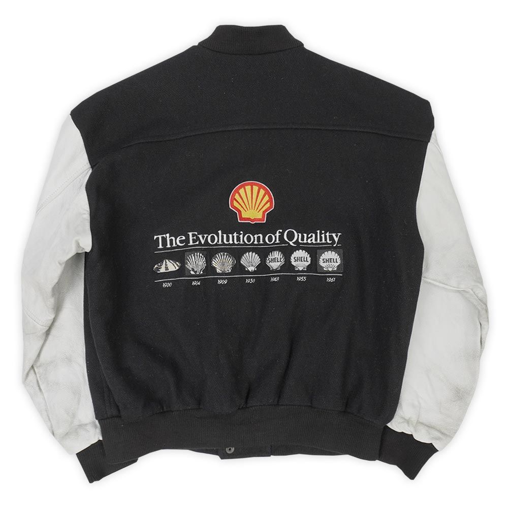 シェル SHELL 90s 90年代 レザー切り替え スタジャン 企業ロゴ 刺繍 珍品 スタジアムジャンパー USA ヴィンテージ アメリカ 古着 メンズ コート ジャケット ブラック ホワイト M【中古】