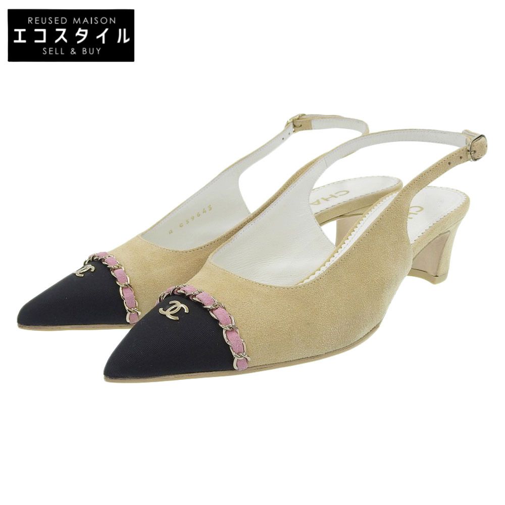 CHANEL シャネル スウェード×サテン ココマーク×チェーン スリングバックパンプス レディース ベージュ 37 1|2C G39643 37 1|2C