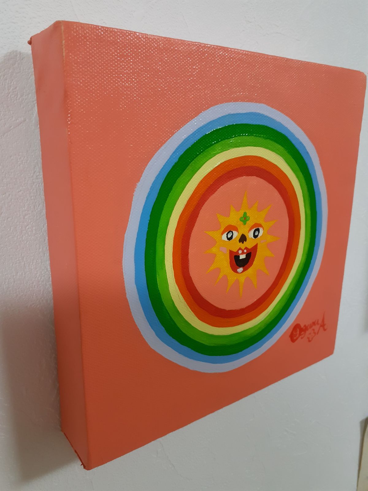 ハッピー太陽と虹 油絵 20×20cm キャンバス ハッピー太陽画家小楠