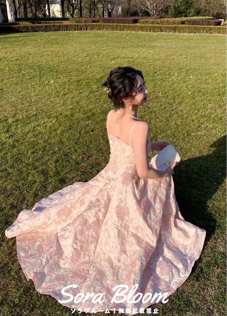 新品未使用パステルピンク花柄ロングドレス 結婚式 パーティー