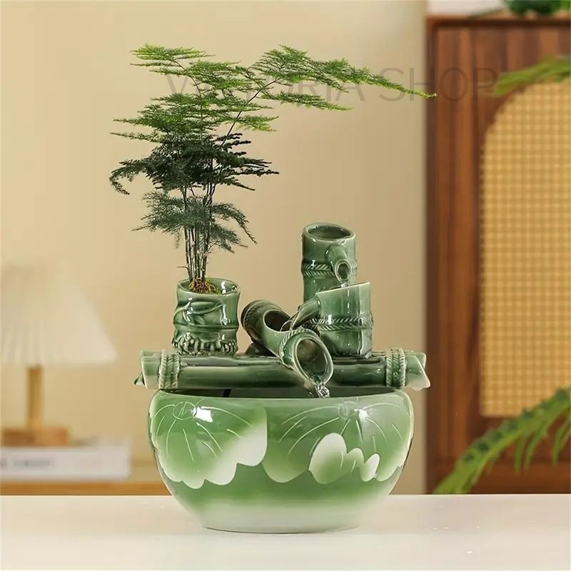 置物 オブジェ セラミック ファウンテン 竹のデザイン 和風 オーナメント グリーン 光沢 お洒落 和モダン 旅館 ロビー 玄関 インテリア ホームデコ NEXPOTALLINN_EU