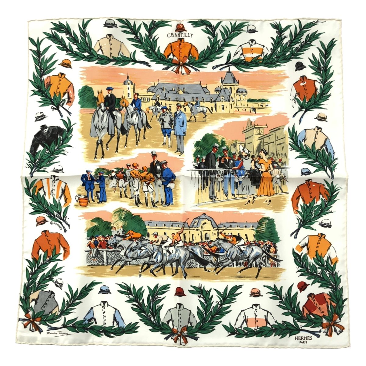 【美品】エルメス カレ45 CHANTILLY 競馬場 スカーフ シルク ブルー 新品】 HERMES / エルメス | カレ45 CHANTILLY 競馬場 シルク