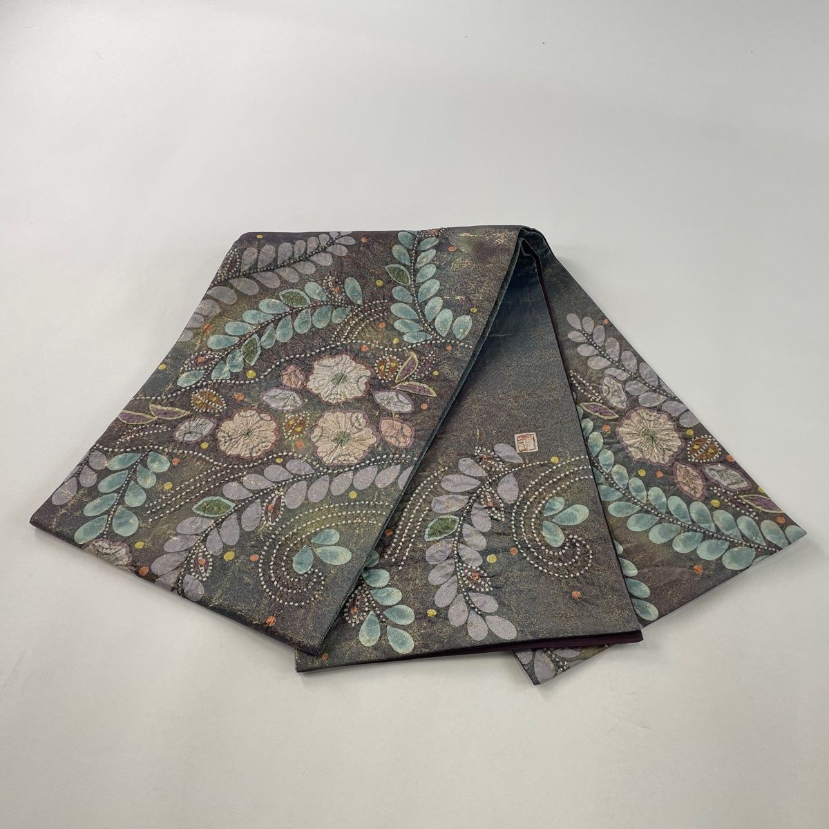 袋帯 美品 名品 落款 辻が花 箔 灰紫 お太鼓柄 正絹 【中古