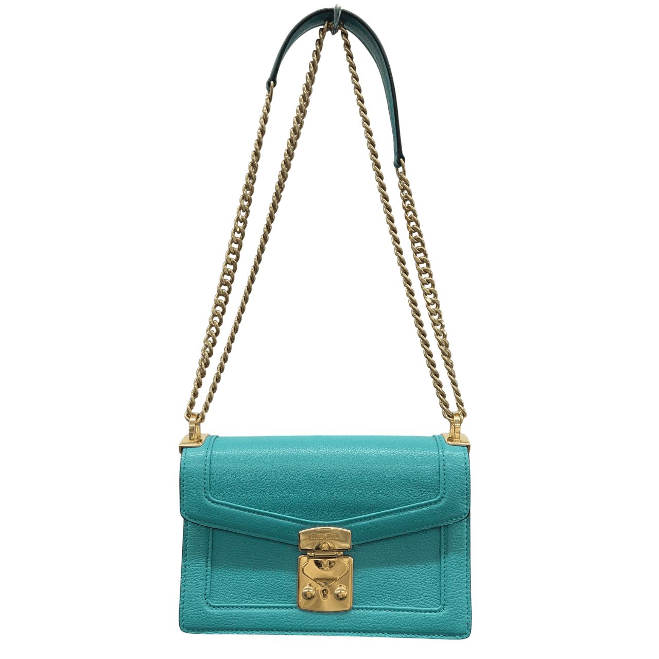 MIU MIU コンフィデンシャル マドラス Wチェーンショルダーバッグ 5BD083 グリーン やぎ革 ゴートレザー クロスボディミュウミュウ プラダ Aランク 鑑定済