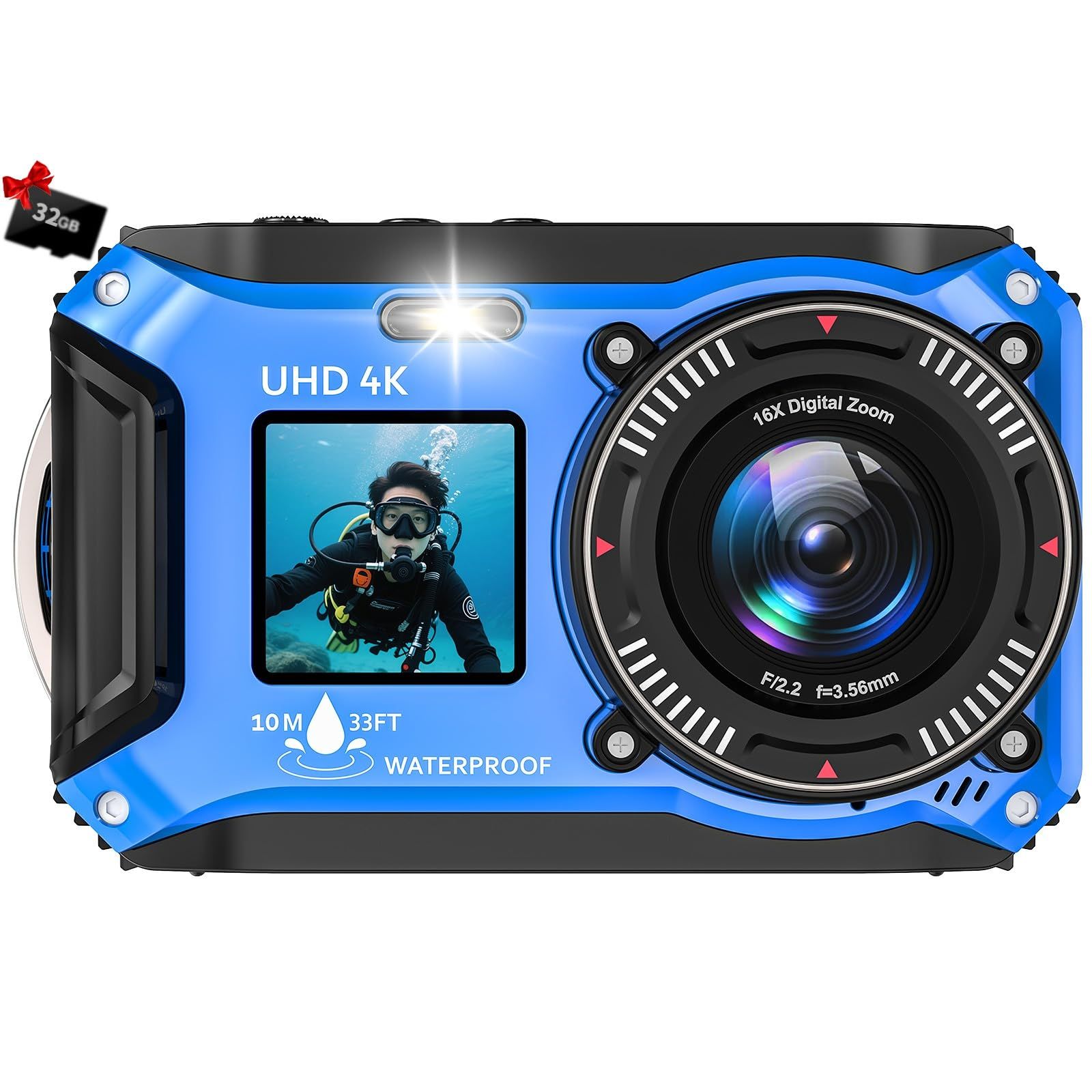 在庫処分 デュアルスクリーン 自撮り デジカメ 16倍ズーム オートフォーカス 防水 操作簡単 32GB付き 10M 防塵 コンパクト 水中カメラ 浮力ボディ設計 ウェブカメラ 64MP 1500mAh大容量バッテリー ダイビング用 4K動画 アウトドア ス