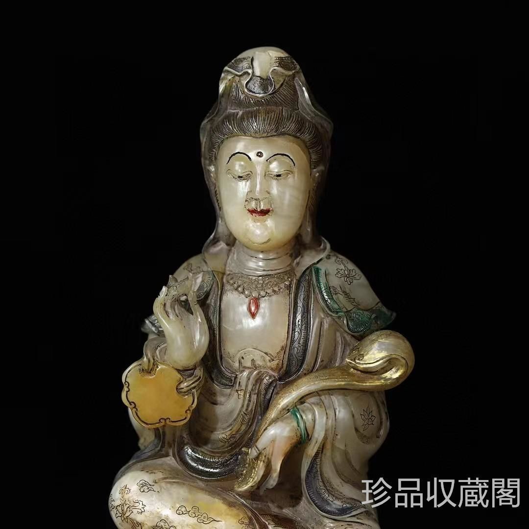 中国古美術・旧蔵寿山石彩絵【観音赐福】・仏像 ・木箱付き・手彫り・文房具・風水 中国古美術・旧蔵寿山石彩絵【観音福】・仏像 ・木箱付き
