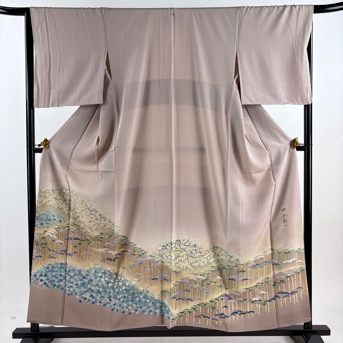 色留袖 身丈157.5cm 裄丈66cm M 袷 京加賀友禅 松本健一 落款 松竹梅 金糸 染め分け 薄小豆 正絹 名品 一つ紋