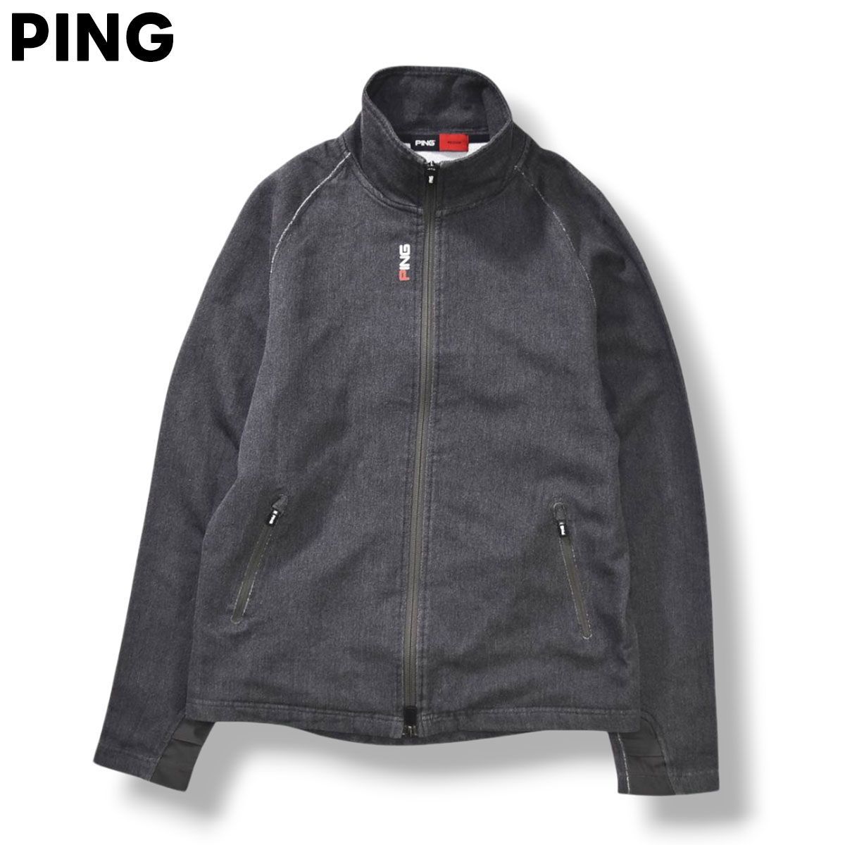 ピン PING コットン ストレッチ ジャケット ジップアップ ラグランスリーブ ロゴ プリント 裏地 パイル M グレー ゴルフ スポーツ カジュアル ウェア タウンユース レジャー メンズ