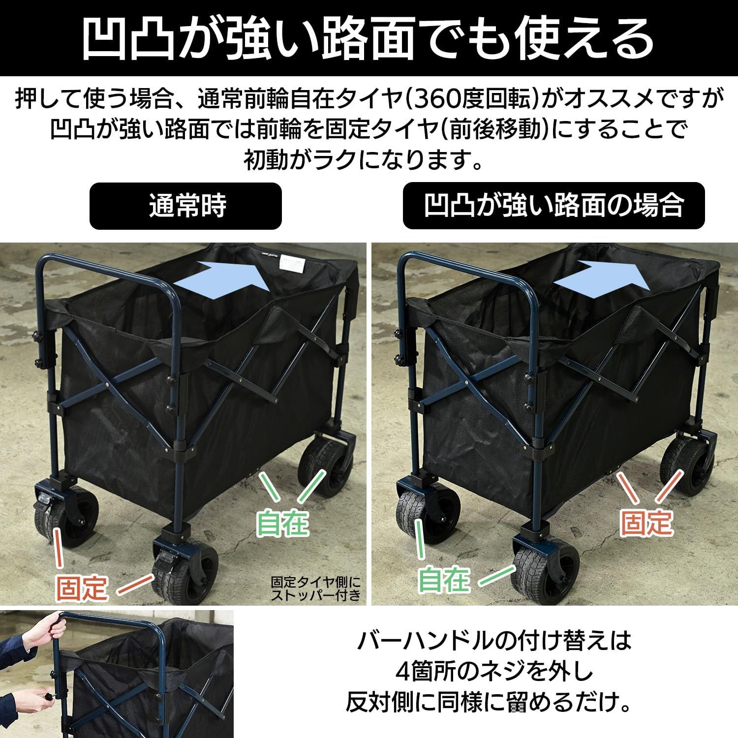 押す 引くができる アウトドア キャンプ 工事 キャリーワゴン 現場 作業 耐荷重100kg 山善 YAMAZEN 悪路に強い コンパクト収納 HOW-100 NV BK