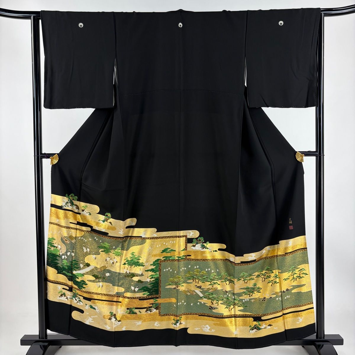 正絹 黒留袖 松尾光琳 金彩 友禅 金駒刺繡 袋帯 帯締 帯揚 4点 フルセット 黒留袖 身丈157.5cm 裄丈64.5cm M 袷 松尾光琳 落款 鶴 波 金彩