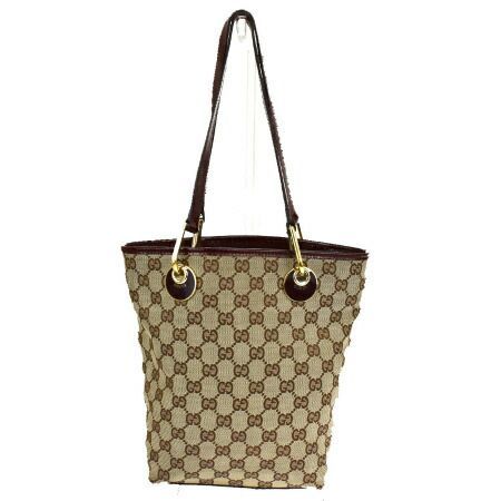 【中古】 中美品 グッチ GUCCI ショルダーバッグ ハンド トート GG柄 ブラウン レッド キャンバス レザー 60SC294