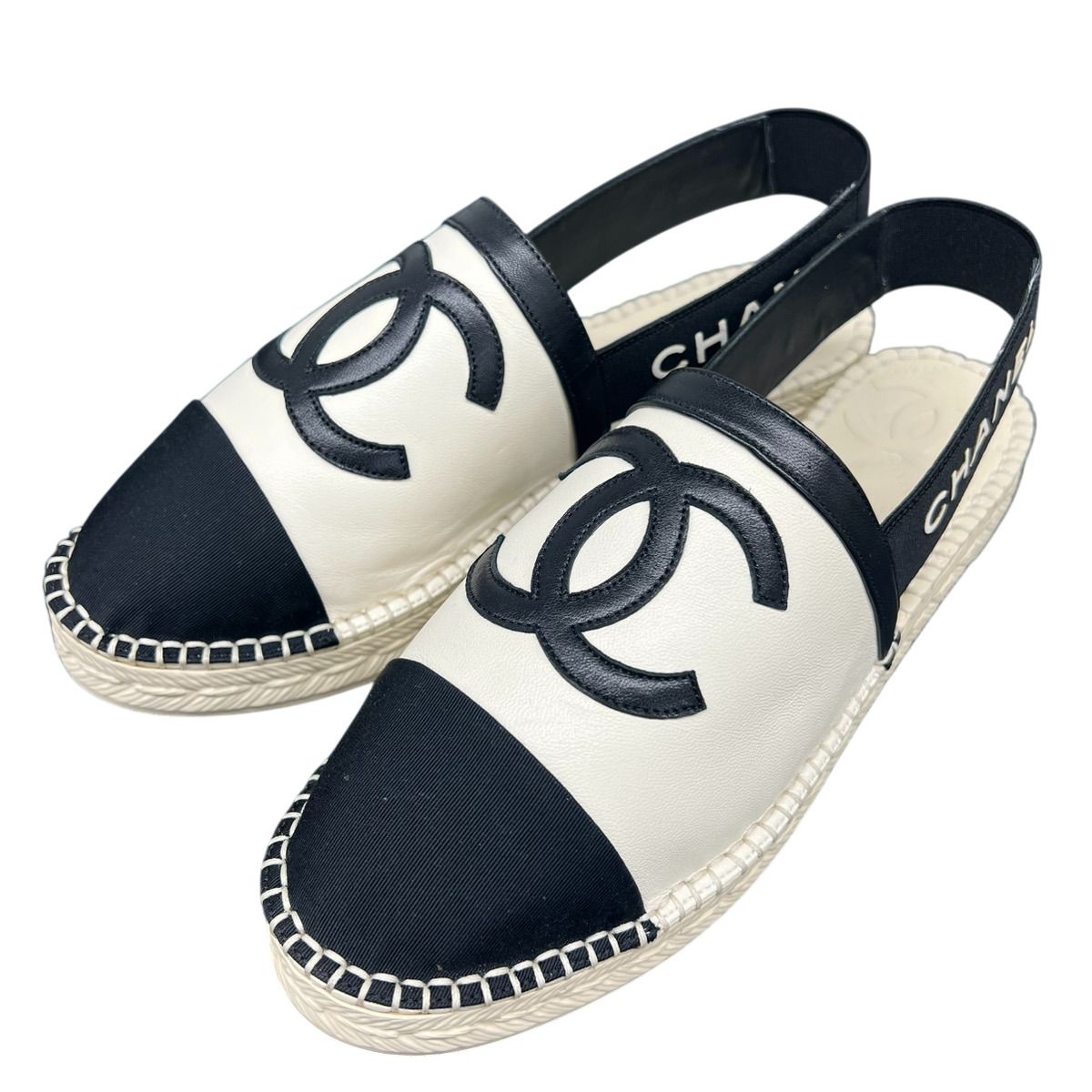 ♥品 CHANEL シャネル サンダル ココマーク ロゴ エスパドリーユ G34817 サイズ38 日本サイズ24cm前後 レザー ホワイト ブラック 靴 シューズ SAランク 鑑定済 シャネルサンダル