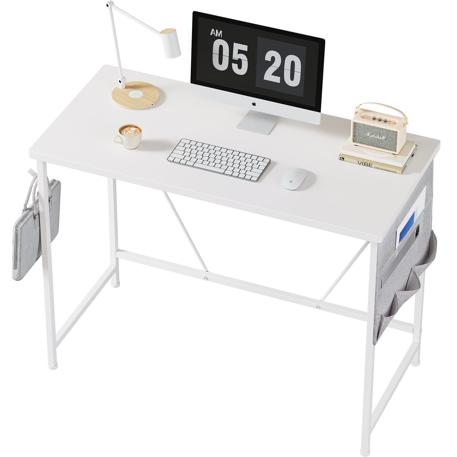つくえ シンプル 幅100*奥行48cm 収納袋付き勉強机 フック付き学習机 pc オフィス モニターアーム取付対応 パソコンデスク 組立簡単 在宅 YeTom テレワーク 白い