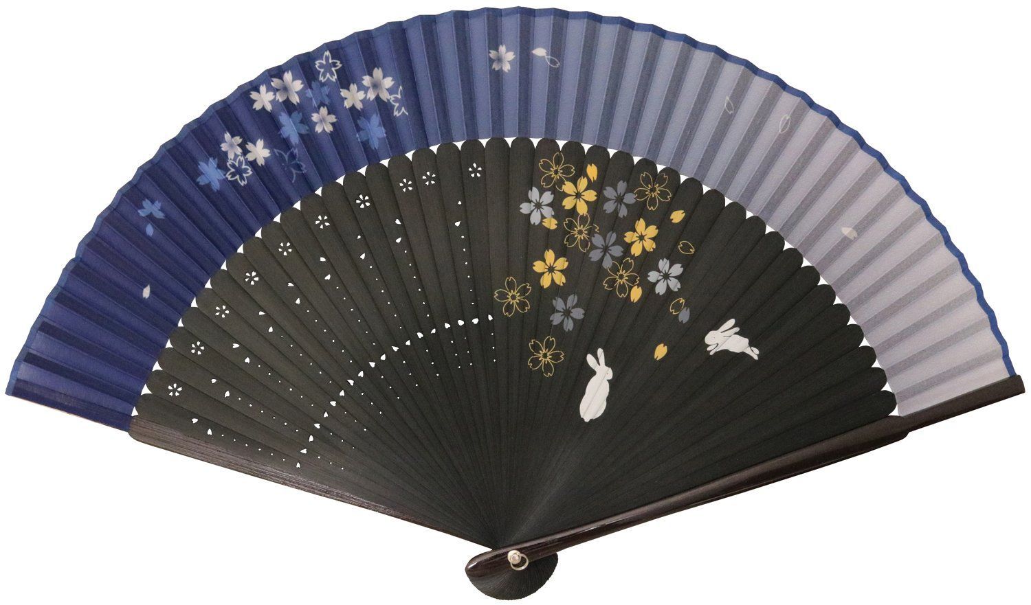 161301 ブルーブラック うさぎと桜 扇子 旭王 まつみ工芸