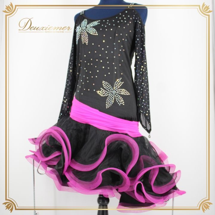 社交ダンス 衣装 ラテン ドレス ワンピース レッスンウェア レディース オールシーズン 黒 紫 ラインストーン ブラック系 パープル系 長袖 アシメ アシンメトリー ラテンダンス 踊る衣装 軽量 伸縮性あり ファスナー付き ストレッチ ダンスウェア