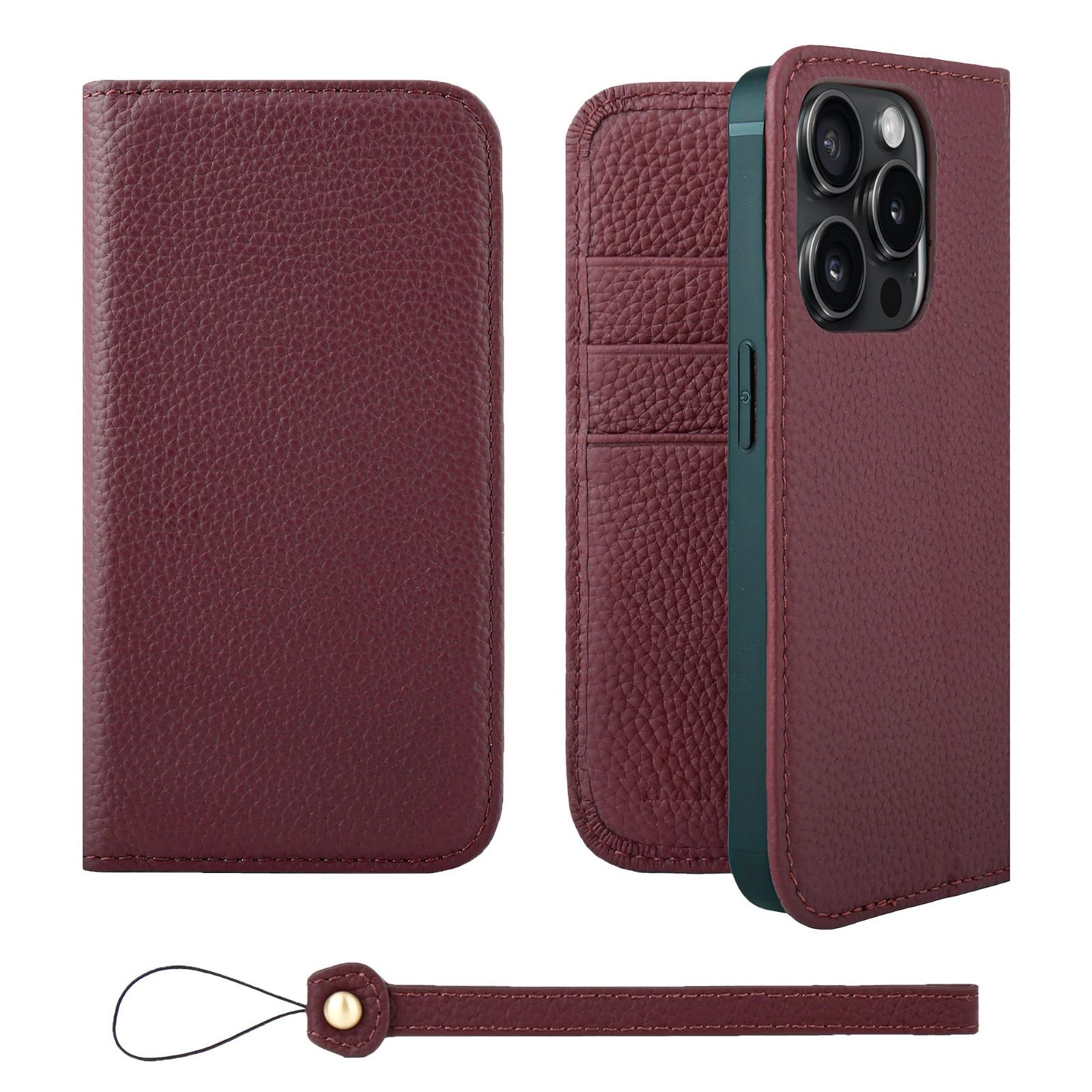 【人気商品】手帳型 本革 スマホケース ケース スマホ スタンド ストラップ 付き iPhone15Pro シュリンクカーフレザー ギフト ベルトなし HANATORA マグネットなし ワイン H0XA-15Pro-Wine