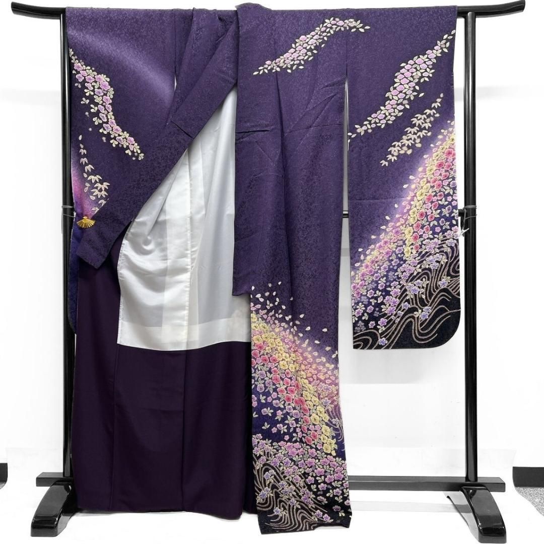 金通し　絞り　流線　梅花　桜花模様　振袖　着物 014a p 金通し絞り流線梅花桜花模様振袖着物 014a p