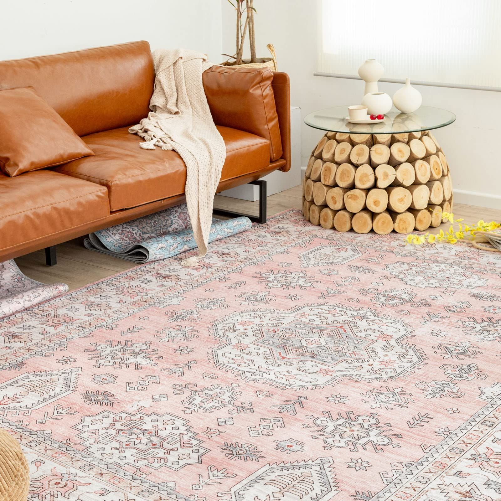 3畳 ペルシャ絨毯 ラグ 洗える カーペット 200x250CM おしゃれ オールシーズン 軽量 滑り止め付 u-living 防ダニ 防臭 ピンク 床暖房対応