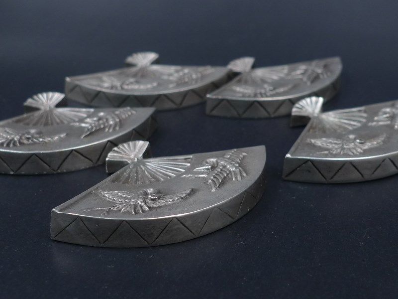 昭和レトロ 希少 和光 扇子形 鶴彫刻 錫製箸置 本錫 刻印有 箸置き5客