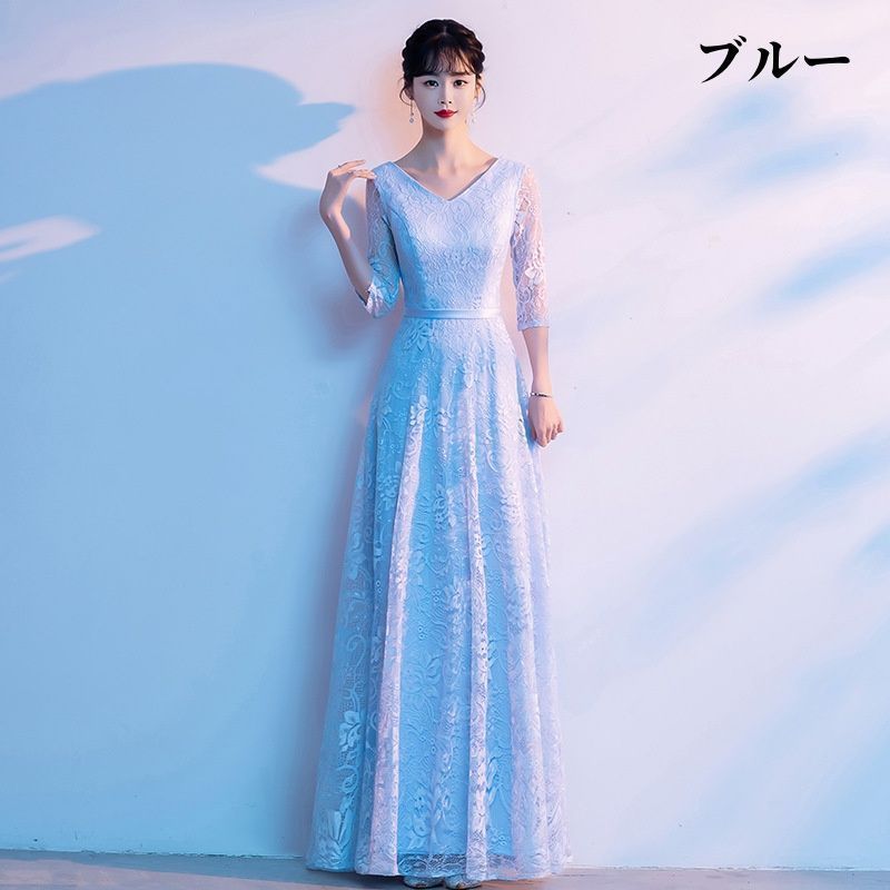 ロングワンピース ロングドレス パーティードレス 結婚式 ドレス Vネック 袖あり 袖付き ワンピース ロング丈 式 お呼ばれ パーティー レディース ロング丈 20代 30代 おしゃれ 体型カバー hunsha26