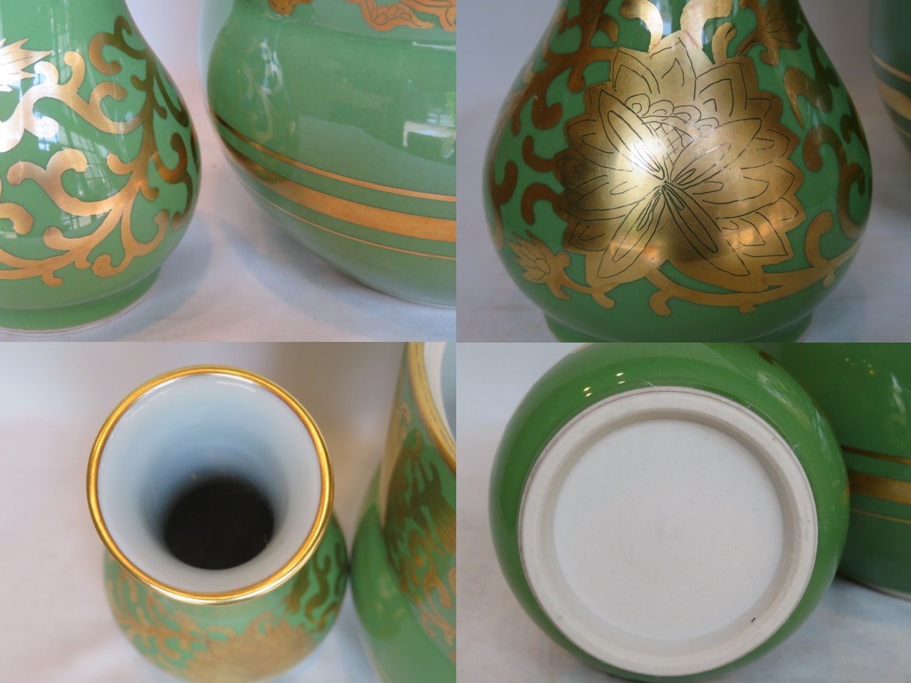 宅配便配送 七月◇特売品）玉堂窯 手塚玉堂作 緑地金襴手唐草文 台子皆具 工芸品