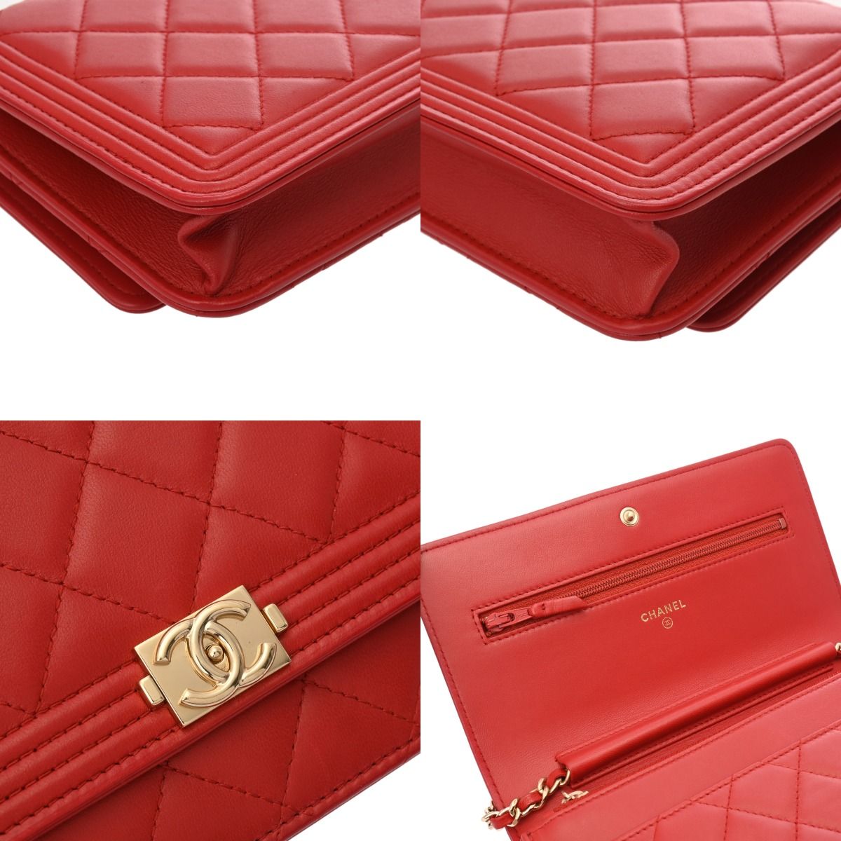 CHANEL シャネル ボーイシャネル チェーンウォレット ガンメタリック ショルダー クラッチバッグ ラムスキン レッド 赤 レディース ココマーク留め具 CHANEL ボーイシャネル チェーンウォレット ガンメタリック ショルダー
