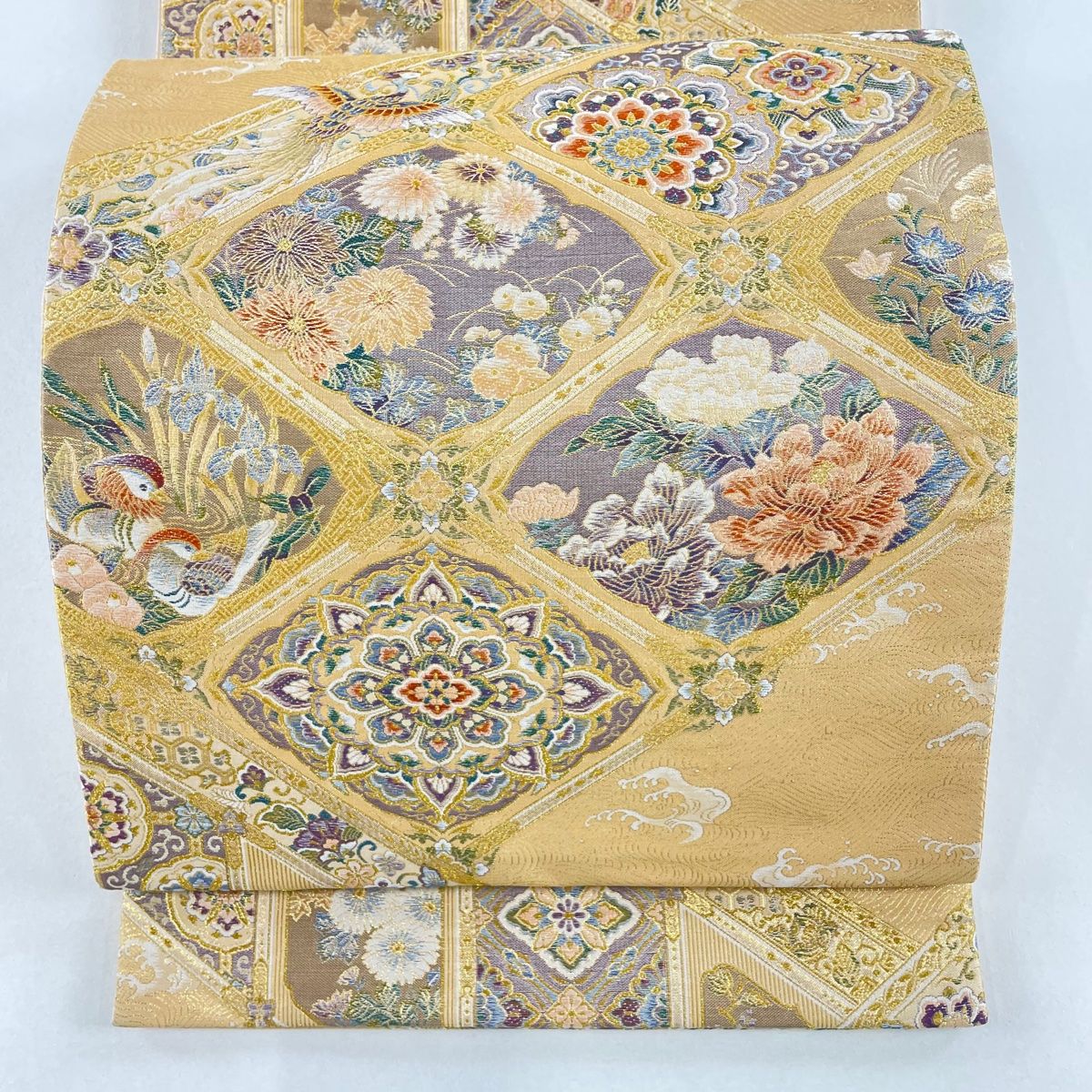 ZY-379 袋帯 箔楽 鳳凰 唐花 金糸 六通 正絹 名品 袋帯 美品 逸品 鳳凰 草花 唐織 金糸 クリーム 六通 正絹｜中古
