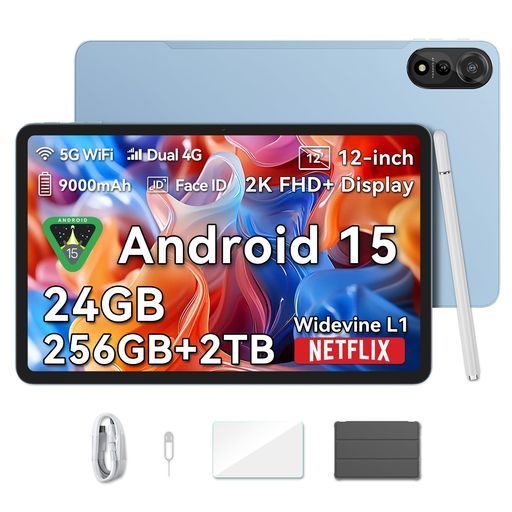 三年保証4 G通話LTE対応タブレット12インチ2 KIPS大画面 BlackviewMEGA 2 Android 15タブレット 24 GB 256 TB拡張 2000 1200解像度 9000 mAh PD 18 W 8コアCPU