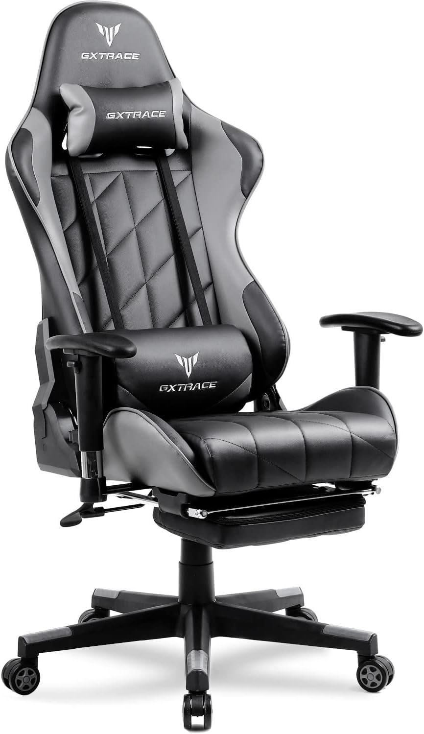 GXTRACE ゲーミングチェア オフィスチェア ゲーム用 デスクチェア パソコンチェア オットマン付き 人間工学 １６５度リクライニング機能 ハイバック テレワーク椅子 PCチェア Gray