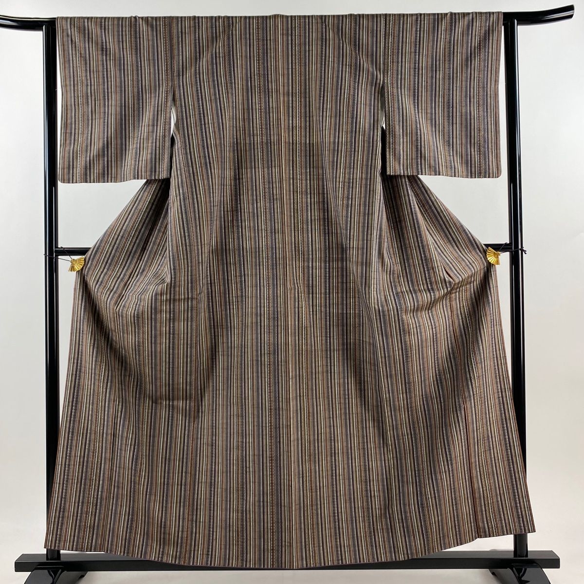 紬 身丈158cm 裄丈63.5cm S 袷 縦縞 茶紫 正絹 秀品