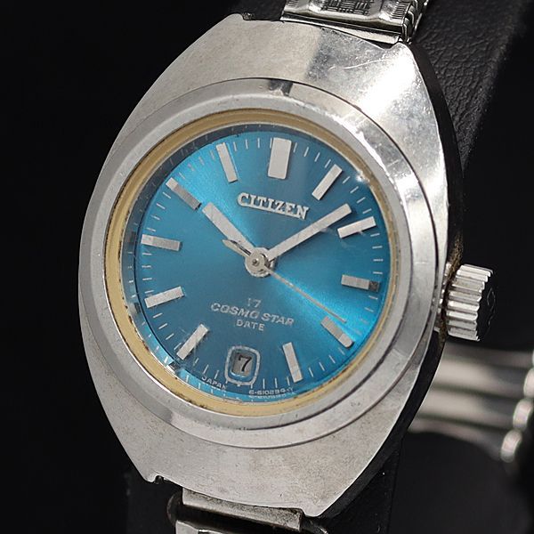 ★貴重❣️手巻式★J.PESS watch★citizen手巻式機械搭載★稼働品❣️ 稼働 シチズン 手巻き 4-610059TA ブルー文字盤 デイト レディース