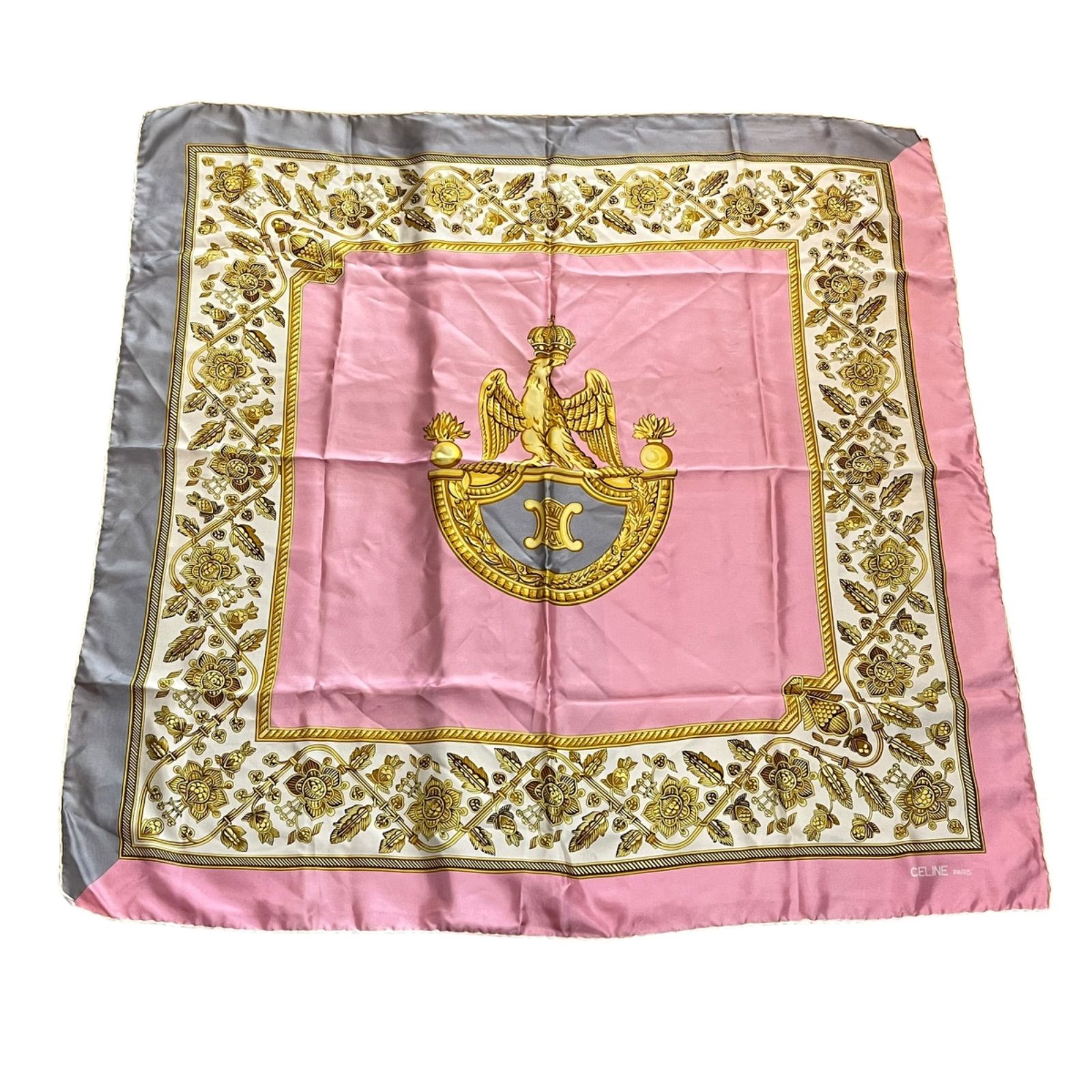 管34670】CELINE セリーヌ スカーフ ピンク×グレー クレスト柄 100