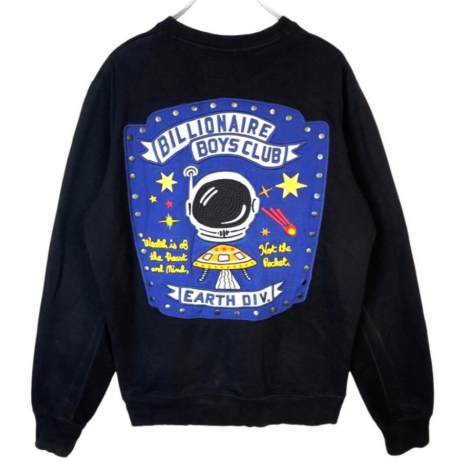 ビリオネア・ボーイズ・クラブbillionaire boys clubスウェットトレーナーEarth Div両面デザイン刺繍ワッペンスタッズシルバーパーツ宇宙飛行士アース星ブラック黒ブルー青ホワイト白vintageヴィン